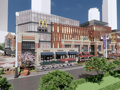 Vibrant Commercial Street With Modern Brick Buildings McDonald's Outdoor Seating Sunshades And Trees 3d model