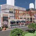 Vibrant Commercial Street With Modern Brick Buildings McDonald's Outdoor Seating Sunshades And Trees