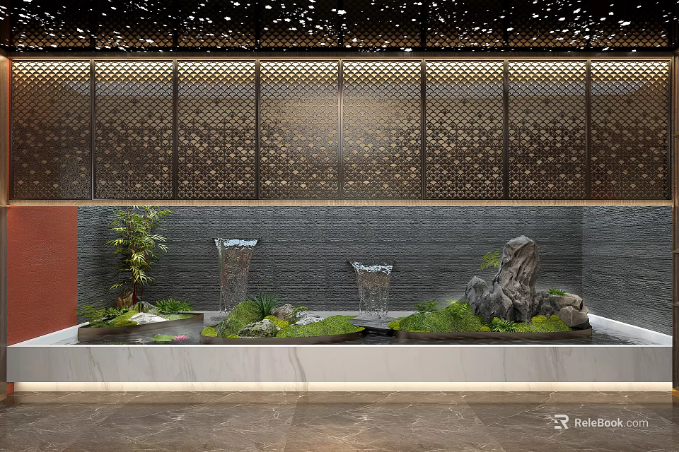 Garden Plant Combination With Water Feature Rockery Fountains Lattice Wall And Red Wall Background 3d model 