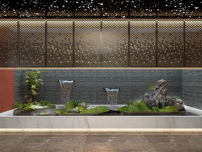 Garden Plant Combination With Water Feature Rockery Fountains Lattice Wall And Red Wall Background 3d model