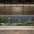 Garden Plant Combination With Water Feature Rockery Fountains Lattice Wall And Red Wall Background