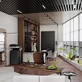Modern Office Interior With Large Windows Sofa Coffee Table Plants And Black Slatted Ceiling