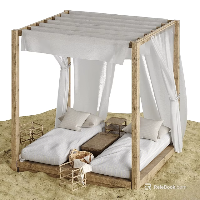 Wooden Frame Construction With White Canopy Curtains In Sand Beach Setting 3d model 