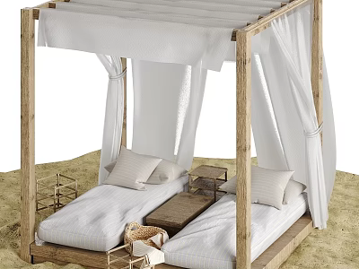 Wooden Frame Construction With White Canopy Curtains In Sand Beach Setting 3d model
