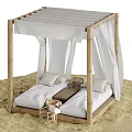 Wooden Frame Construction With White Canopy Curtains In Sand Beach Setting 3d model