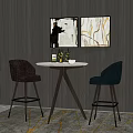 Round Table and Bar Stools Set With Gray Wall Paintings Wine Bottles on Patterned Rug
