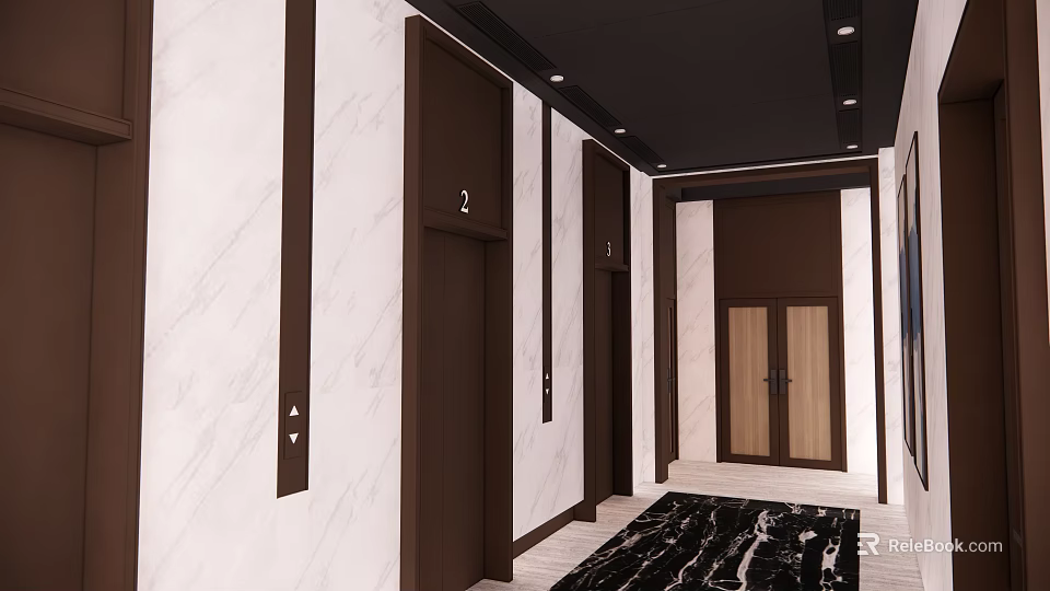 Elevator Hallway Interior With Marble Walls Dark Elevator Doors Numbered Panels And Lighting 3d model 