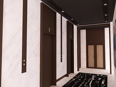Elevator Hallway Interior With Marble Walls Dark Elevator Doors Numbered Panels And Lighting 3d model