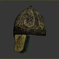 Ancient Golden Ornate Metal Helmet With Intricate Patterns And Ear Flaps As Protective Weapon