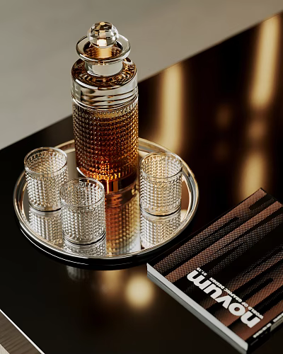 Elegant Wine Bottle With Textured Design And Transparent Glasses On Silver Tray Black Table 3d model