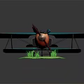 Vintage Biplane Airplane with Red Propeller Orange Body Blue Wings on Green Grass