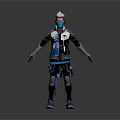 Futuristic Sci Fi Game Character With Silver White Hair Mask And Black Blue Armor Outfit