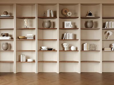 Modern Elegant Bookshelf With Multi Tiered Wooden Shelves Books Vases And Sculptures 3d model