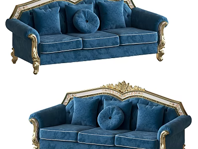 Luxurious Classic Blue Velvet Three-Seater Sofa With Gold Trim And Round Decorative Pillows 3d model