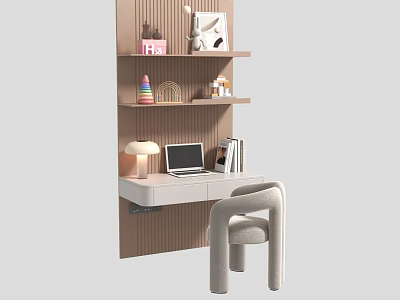 Cozy Modern Desk With Laptop Lamp Books Decorative Shelves And Comfortable Chair 3d model