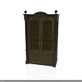 Classical Wooden Cabinet With Glass Doors Carved Details And Spherical Finials