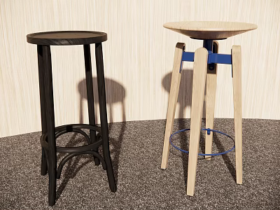 Black And Light Wooden Bar Stools With Blue Accents For Modern Home Decor 3d model