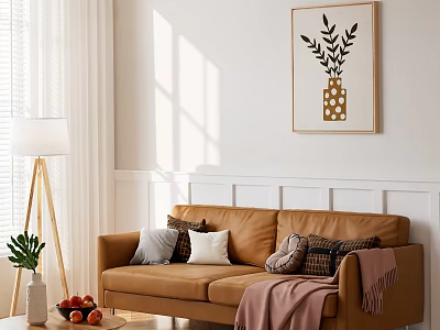 Beige Sofa And Coffee Table Set With Pillows Fruits Vase Decorative Painting And Natural Light 3d model