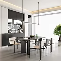 Modern Restaurant Interior With Open Kitchen Black Cabinets And Dining Table 3d model