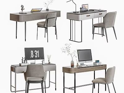 Modern Home Office Desk With Chair Lamp Computer And Decorative Items 3d model