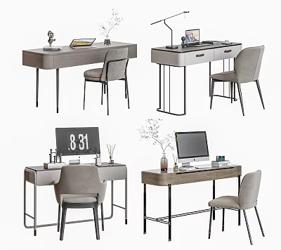 Modern Home Office Desk With Chair Lamp Computer And Decorative Items 3d model