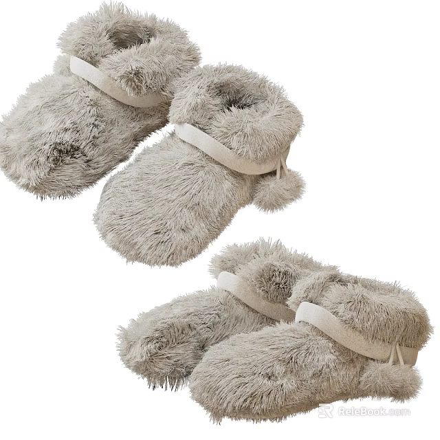 Fluffy Light Gray Baby Shoes With Soft Straps And Pom Pom Details 3d model 
