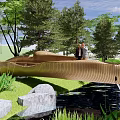 Waterside Landscape With Wooden Bridge Stream Lush Greenery Surrounding Trees And People