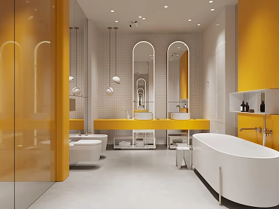 Modern Bathroom Interior Design With Double Mirrors Yellow Vanity And White Bathtub 3d model