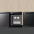 Modern Black Kitchen Appliances With Open Dishwasher Door Interior Plates And Rack
