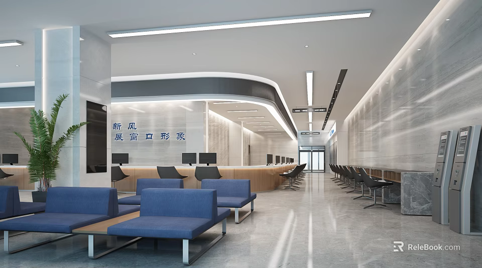 Modern Service Hall Interior Design With Spacious Counters And Blue Waiting Seats 3d model 