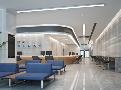 Modern Service Hall Interior Design With Spacious Counters And Blue Waiting Seats 3d model
