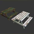 Green And White Wooden Outdoor Chairs Featuring Rustic Picnic Table Design