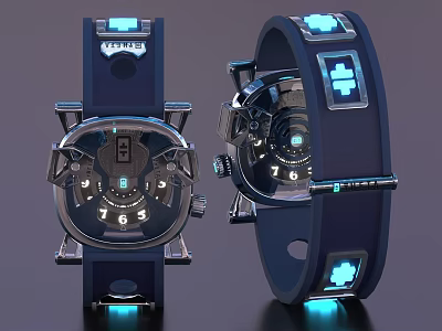 Innovative Mechanical Watch With Blue Strap And Glowing Transparent Dial Design 3d model