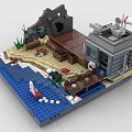 Lego Seaside Cabin Scene With Wooden Deck Blue Water Plants And Small Boat
