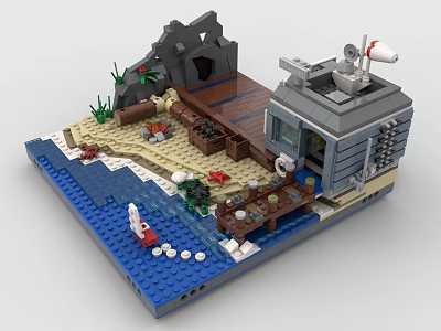Lego Seaside Cabin Scene With Wooden Deck Blue Water Plants And Small Boat 3d model