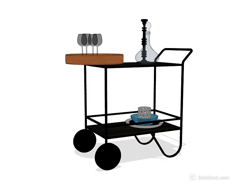 Elegant Dinnerware Set on Black Serving Trolley with Wine Glasses Decanter and Tray 3d model 