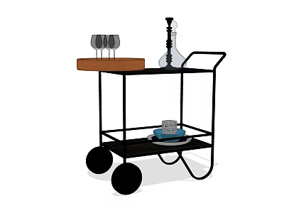 Elegant Dinnerware Set on Black Serving Trolley with Wine Glasses Decanter and Tray 3d model