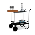 Elegant Dinnerware Set on Black Serving Trolley with Wine Glasses Decanter and Tray