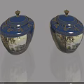 Two Blue Jars With Golden Decoration Building Patterns And Lids 3d model