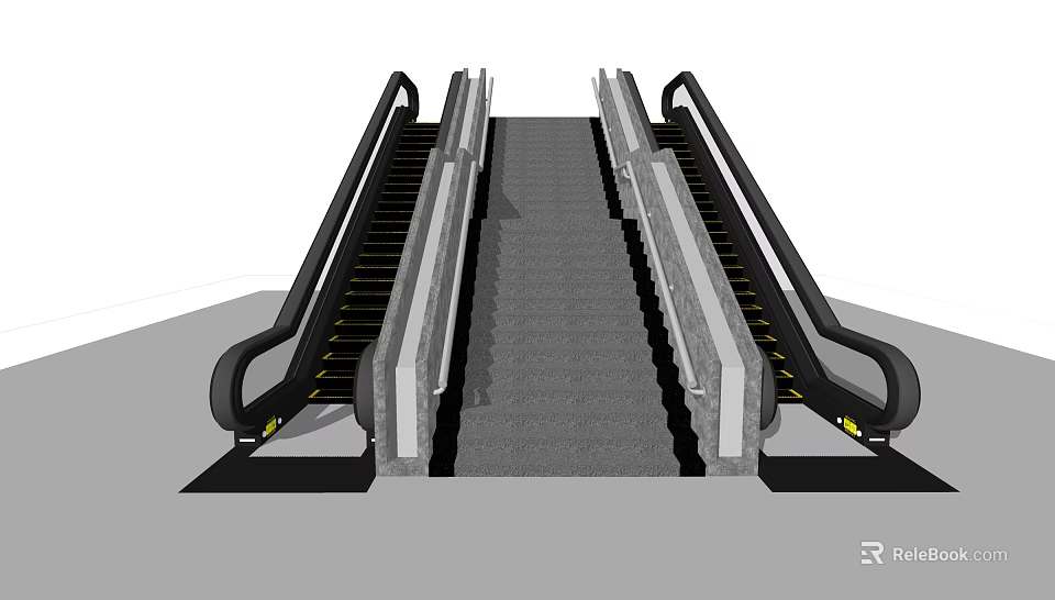 Modern Parallel Escalator Featuring Black Handrails Gray Steps And Metal Frames 3d model 