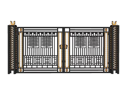 Black And Gold Wrought Iron Double Gate With Geometric Patterns Decorative Panels And Side Pillars 3d model