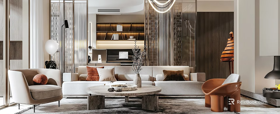 Modern Living Room Interior Design With Beige Sofa Wooden Coffee Table And Bookshelves Lighting 3d model 