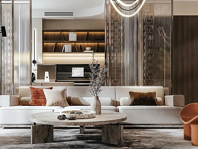 Modern Living Room Interior Design With Beige Sofa Wooden Coffee Table And Bookshelves Lighting 3d model