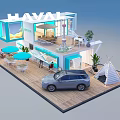 HAVAL Coffee Bar With Blue White Container Structure And Silver SUV Car Near Tower