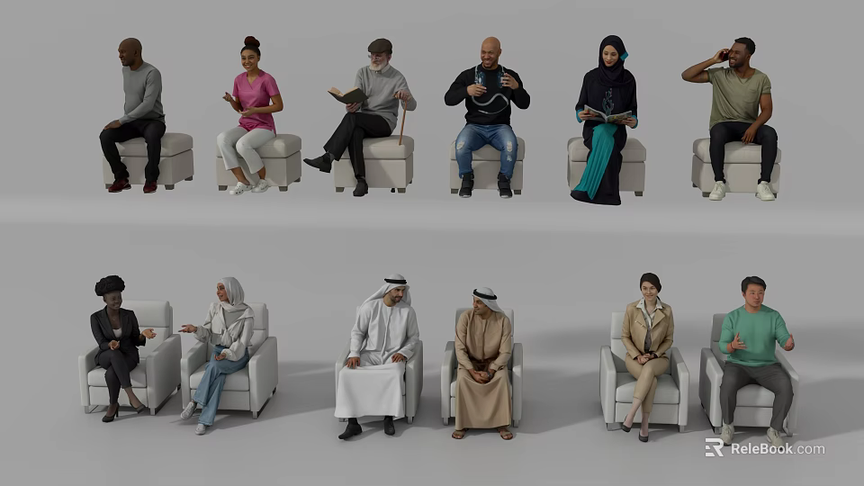 Diverse Group of People Sitting in Various Poses on Chairs in Indoor Setting 3d model 