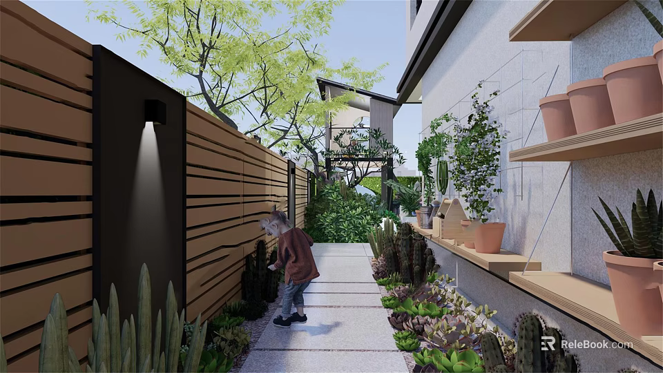 Lush Courtyard Garden Pathway With Person Walking Cacti Plants And Flower Pots 3d model 