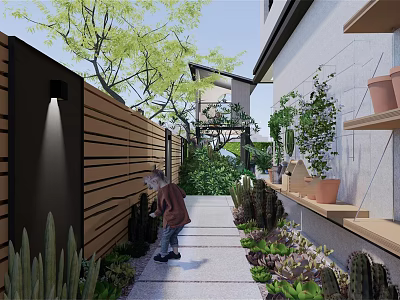 Lush Courtyard Garden Pathway With Person Walking Cacti Plants And Flower Pots 3d model