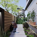 Lush Courtyard Garden Pathway With Person Walking Cacti Plants And Flower Pots