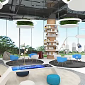 Modern Indoor Learning Space With Bookshelves Round Table Blue Ottomans Easel And Green Views