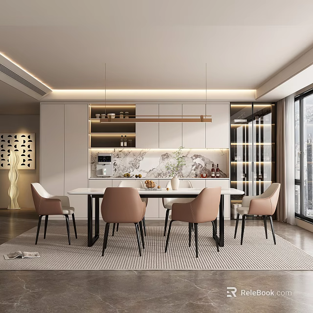 Modern Restaurant Interior Design With Dining Table Chairs Pendant Lights And Decorative Elements 3d model 